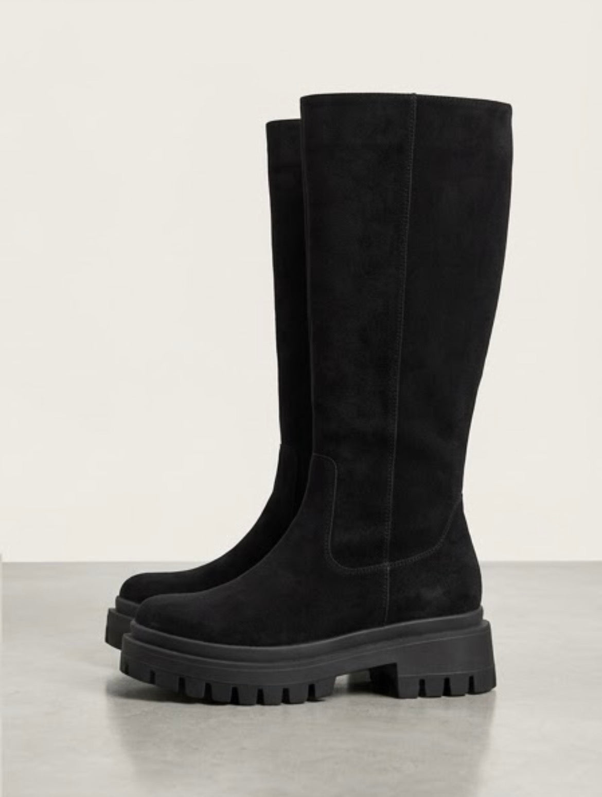 Boohoo Wide Fit Black Suede-Effect Knee-High Chunky Cleated Sole Boots