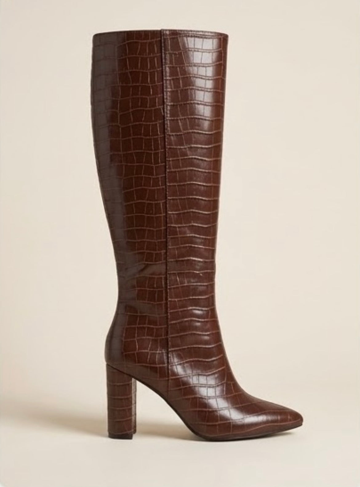 Boohoo Brown Croc Knee-High Block Heel Boots, side view