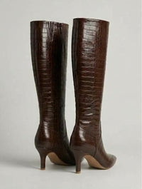 Boohoo Brown Croc-Effect Pointed Kitten Heel Knee-High Boots