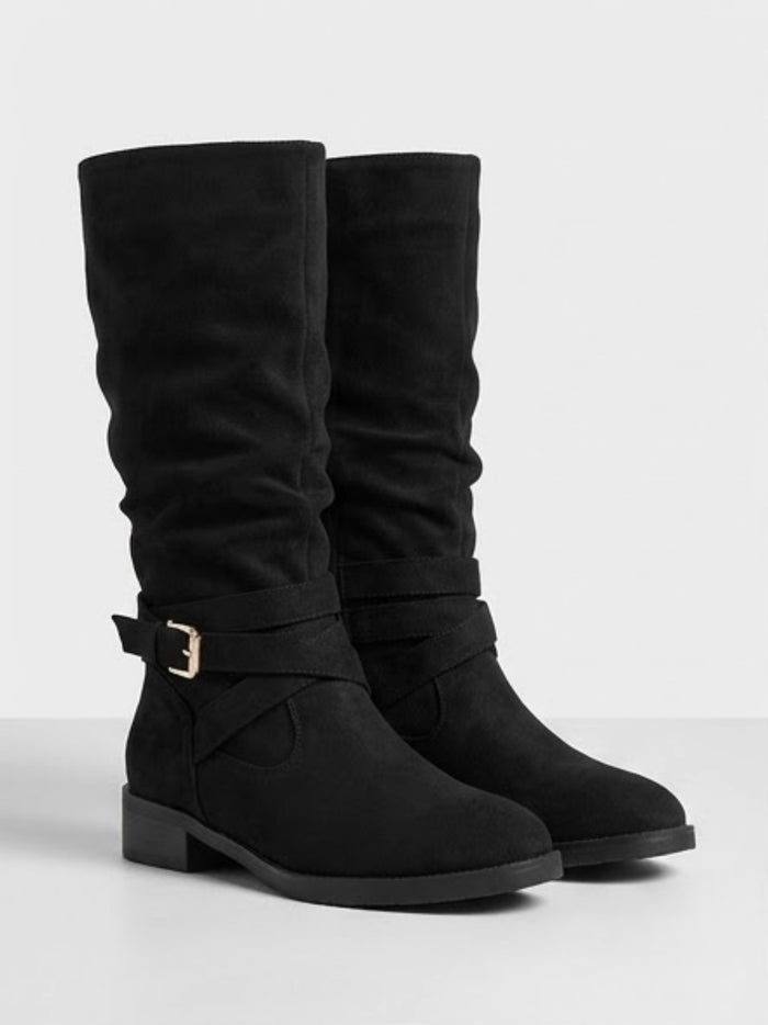 Oasis Black Suede-Effect Slouch Buckle Strap Boots