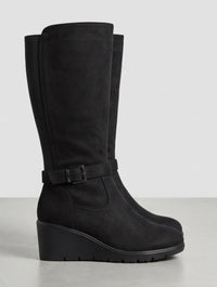 Good for the Sole Black Suede-Effect Knee-High Wedge Boots