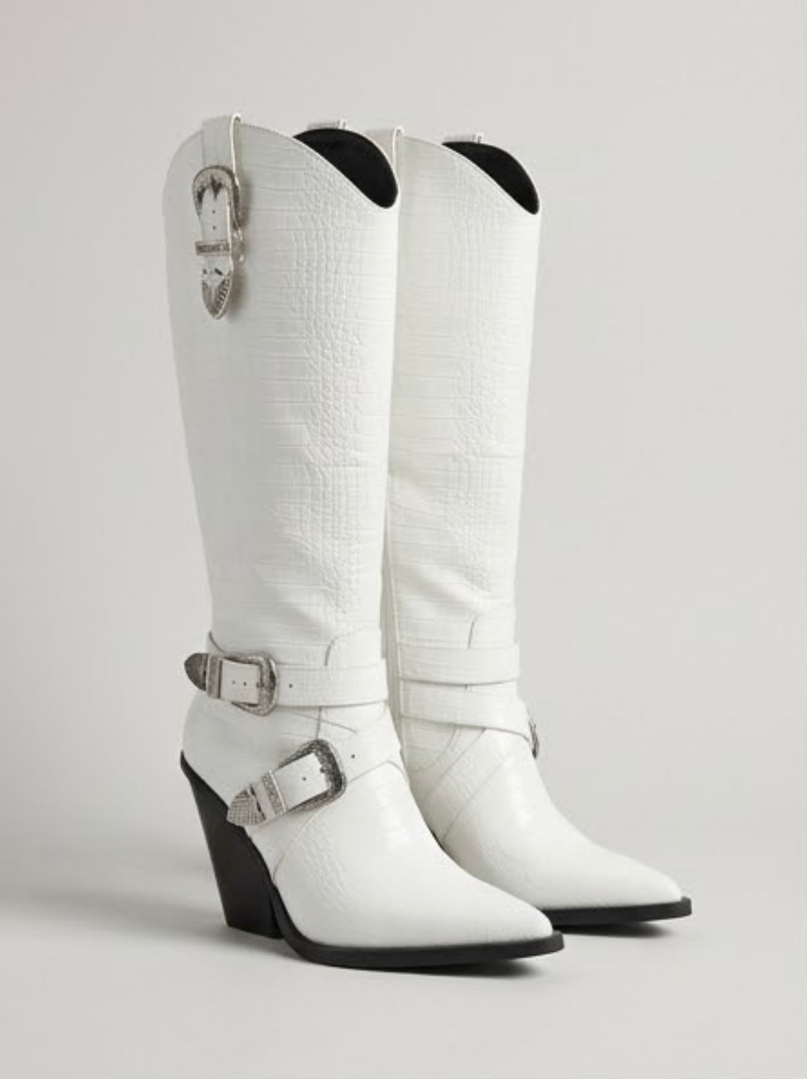 Pretty Little Thing White Croc Knee-High Cowboy Boots with Buckles