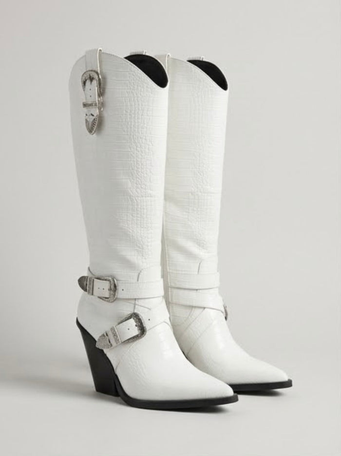 Pretty Little Thing White Croc Knee-High Cowboy Boots with Buckles