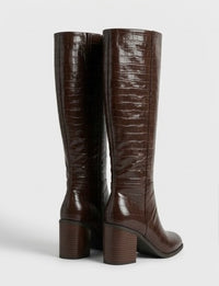 Boohoo Wide Fit Brown Croc-Effect Block Heel Knee-High Boots