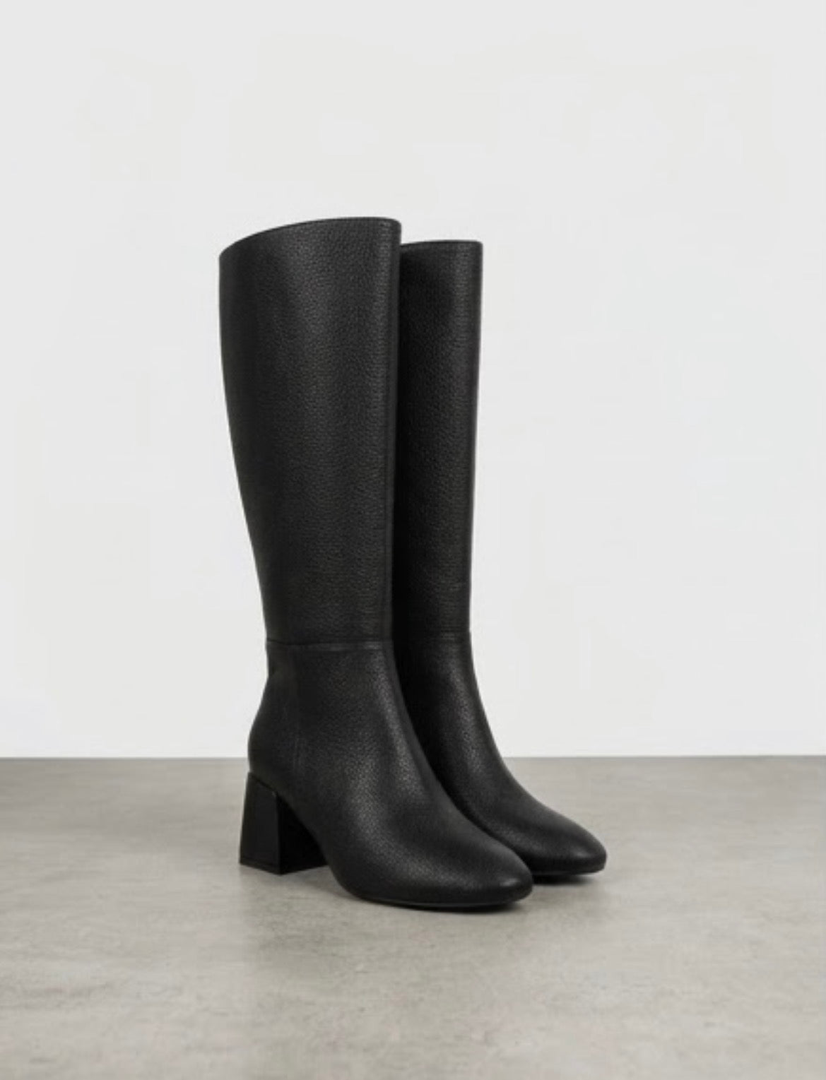 Boohoo Black Pebbled Knee-High Block Heel Boots, angled view