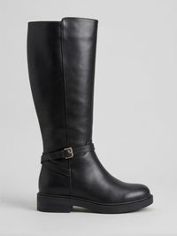 Boohoo Black Knee-High Gold Buckle Riding Boots