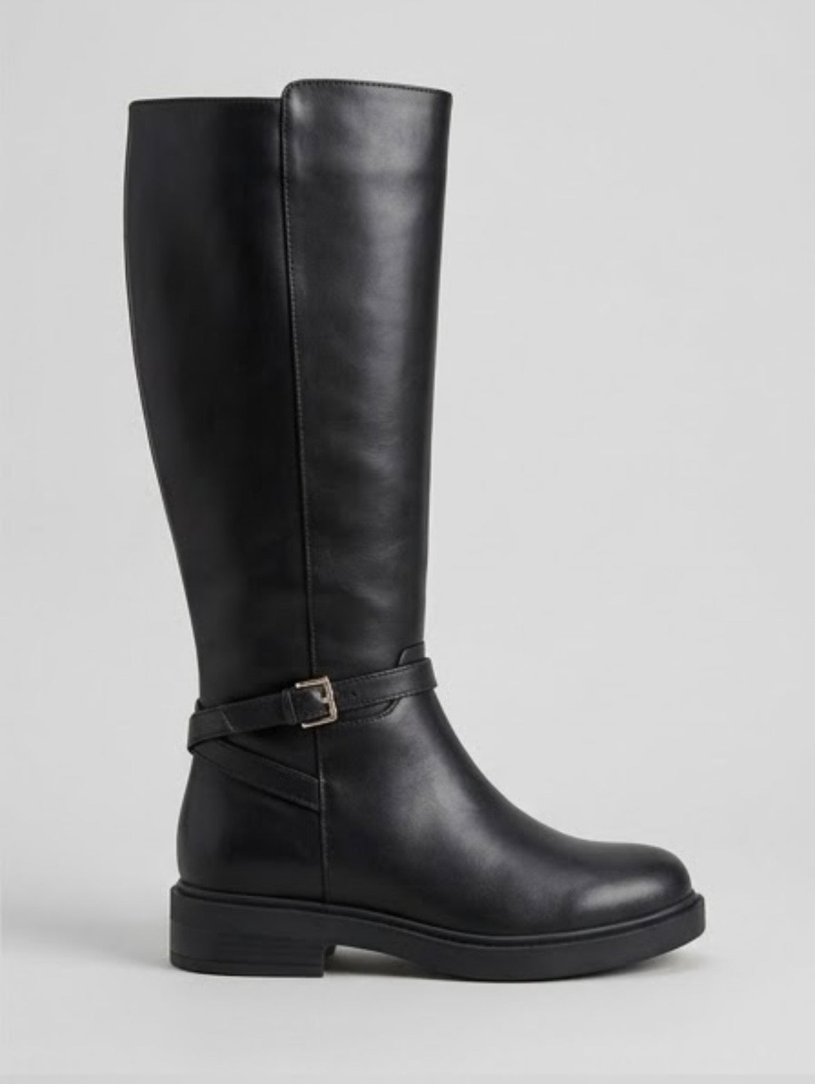 Boohoo Black Knee-High Gold Buckle Riding Boots