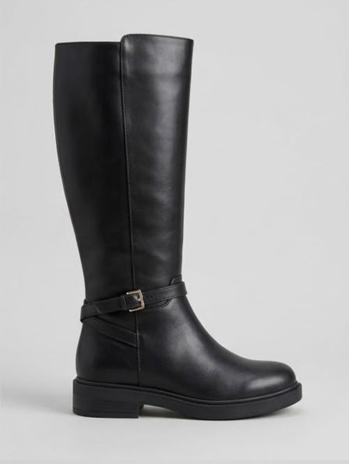 Boohoo Black Knee-High Gold Buckle Riding Boots