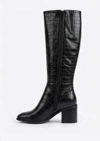 Boohoo Wide Fit Black Croc-Effect Almond Toe Block Heel Knee-High Boots