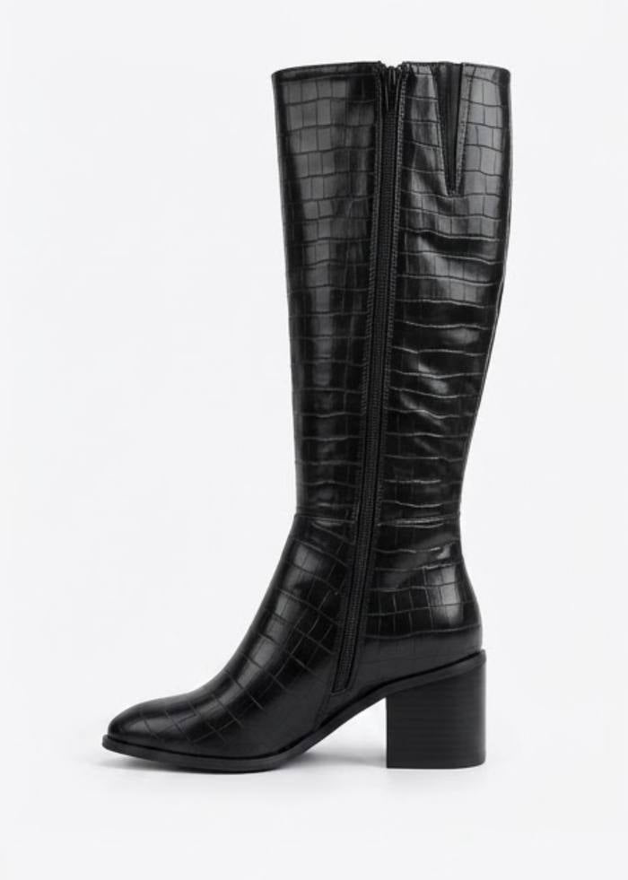 Boohoo Wide Fit Black Croc-Effect Almond Toe Block Heel Knee-High Boots