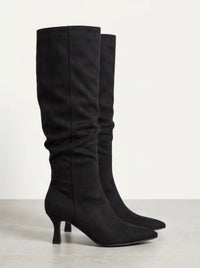 Boohoo Wide Fit Black Suede-Effect Slouch Knee-High Mid Heel Boots
