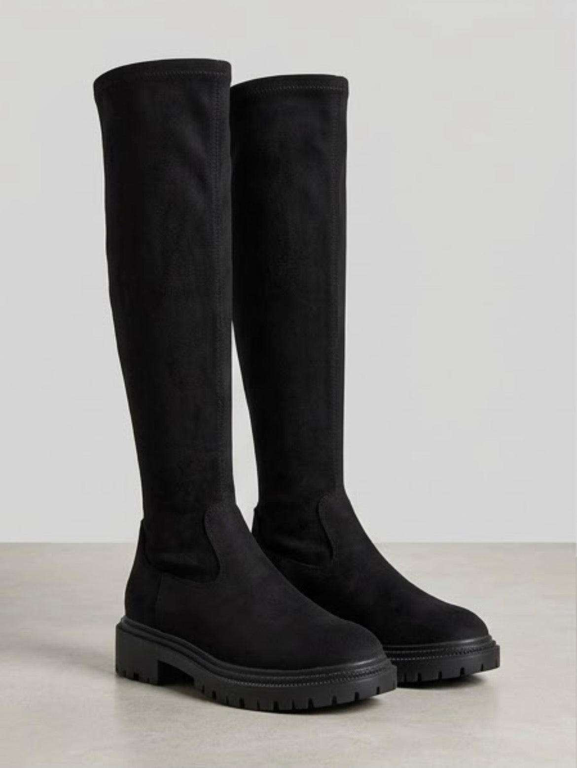 Linzi Black Stretch Knee-High Chunky Sole Boots