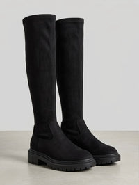 Linzi Black Stretch Knee-High Chunky Sole Boots