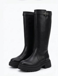 Boohoo Black Chunky Knee-High Boots with Buckle