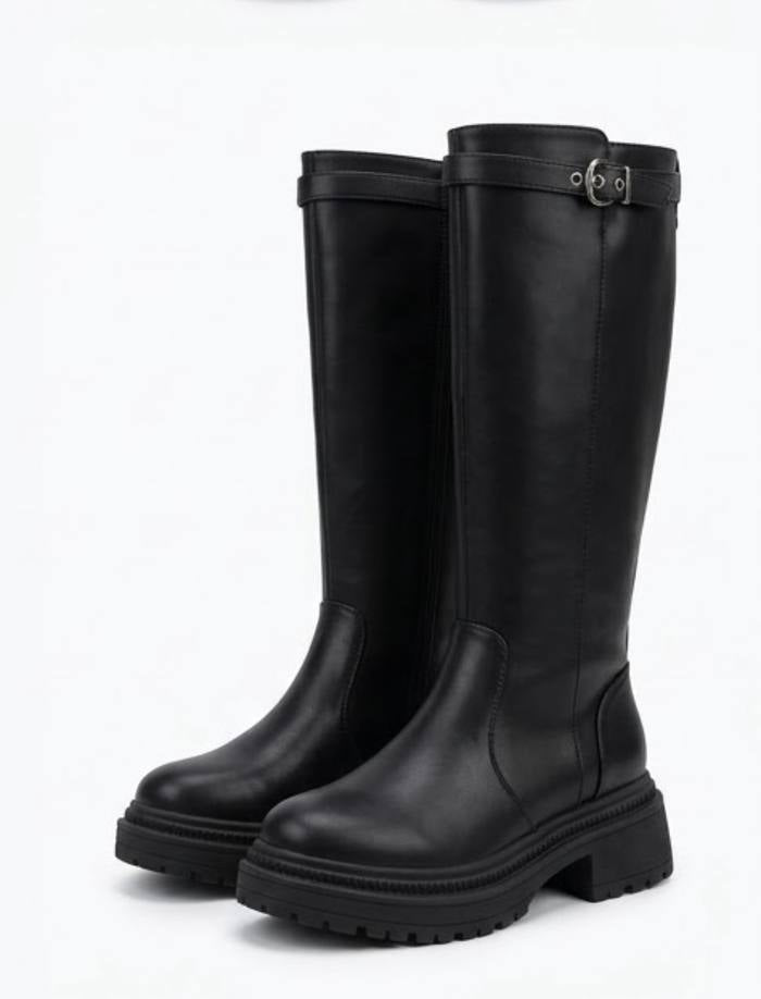 Boohoo Black Chunky Knee-High Boots with Buckle