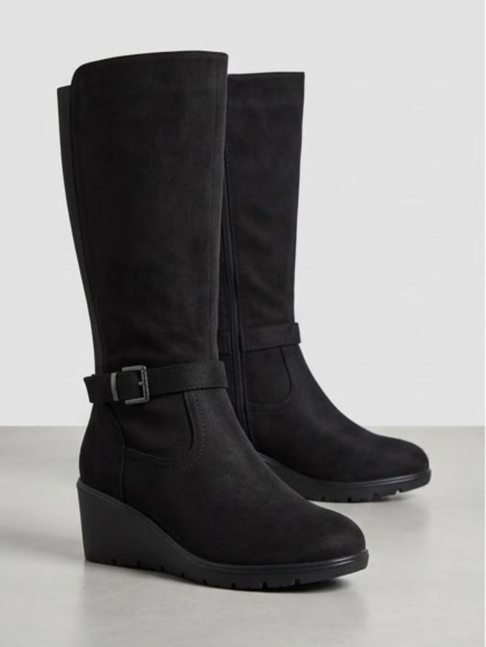 Good for the Sole Black Suede-Effect Knee-High Wedge Boots