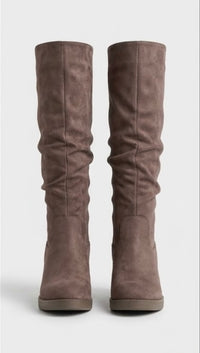 Pretty Little Thing Taupe Suede-Effect Slouch Block Heel Boots