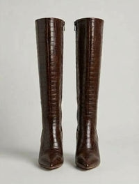 Boohoo Brown Croc-Effect Pointed Kitten Heel Knee-High Boots