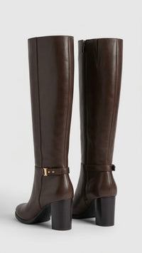 Primark Brown Knee-High Gold Buckle Block Heel Boots